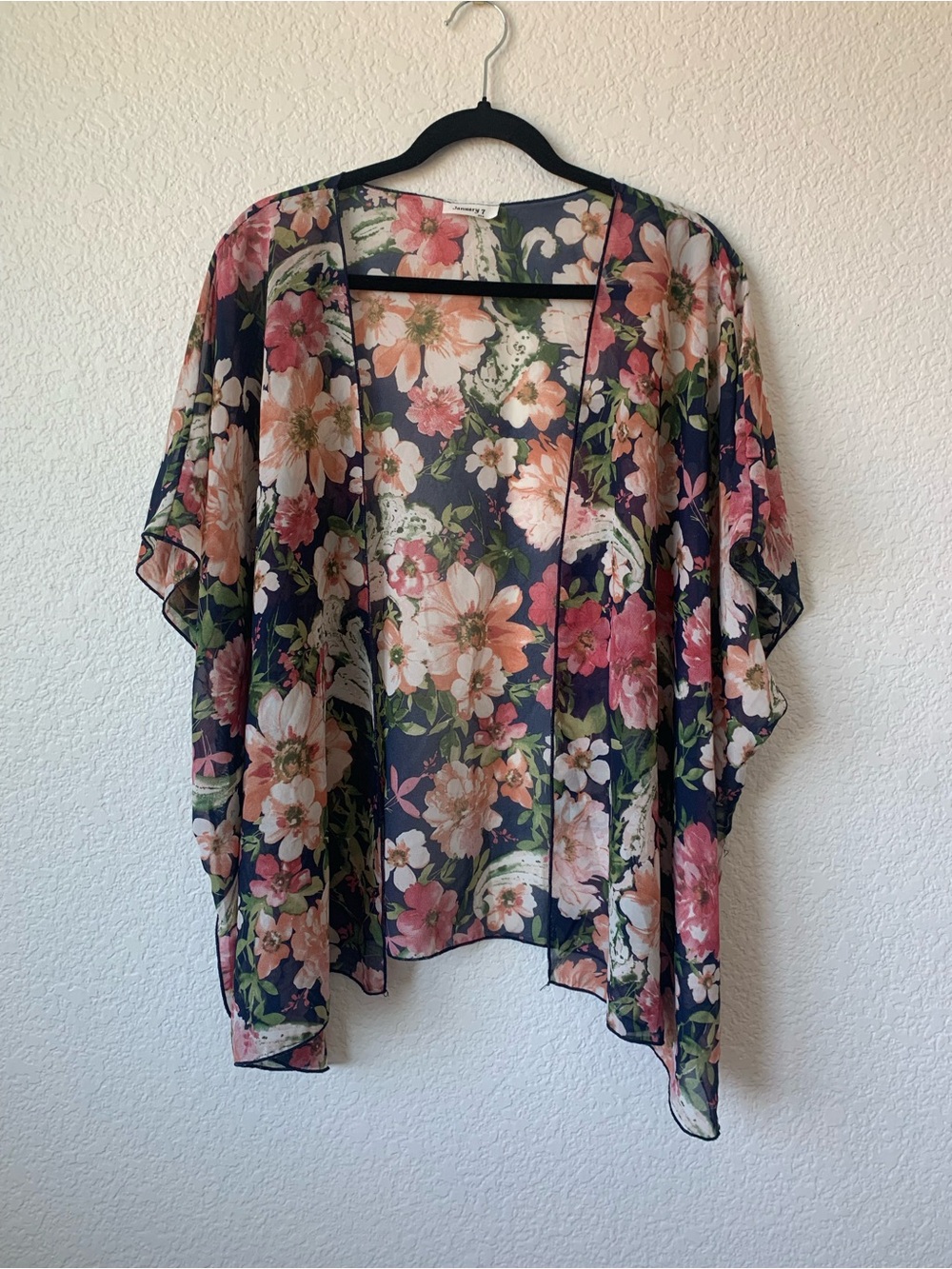 January 7 Floral Sheer Kimono in Navy, Pink and Green